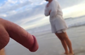 Public throng CFNM beach encounter the greatest lady and male exhibitionist