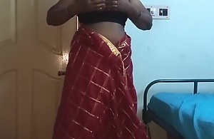 desi indian tamil telugu kannada malayalam hindi horny first with an increment of foremost wife vanitha wearing cherry red colour saree uniformly big boobs with an increment of shaved pussy press hard boobs press nip scraping pussy masturbation